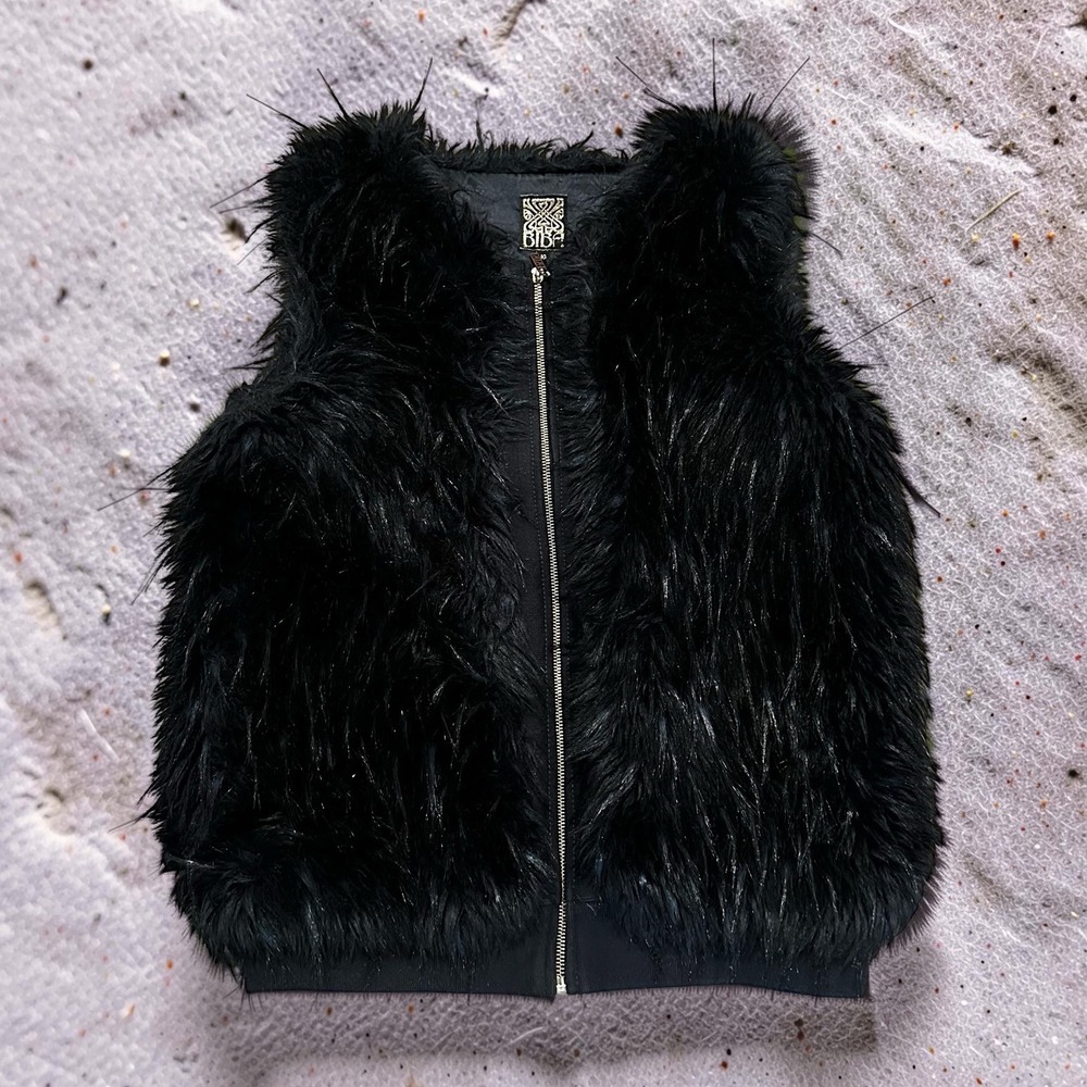 BIBA Black Faux Fur Zip Up Vest Gilet Plush Waistcoat Size 10 Gold Hardware